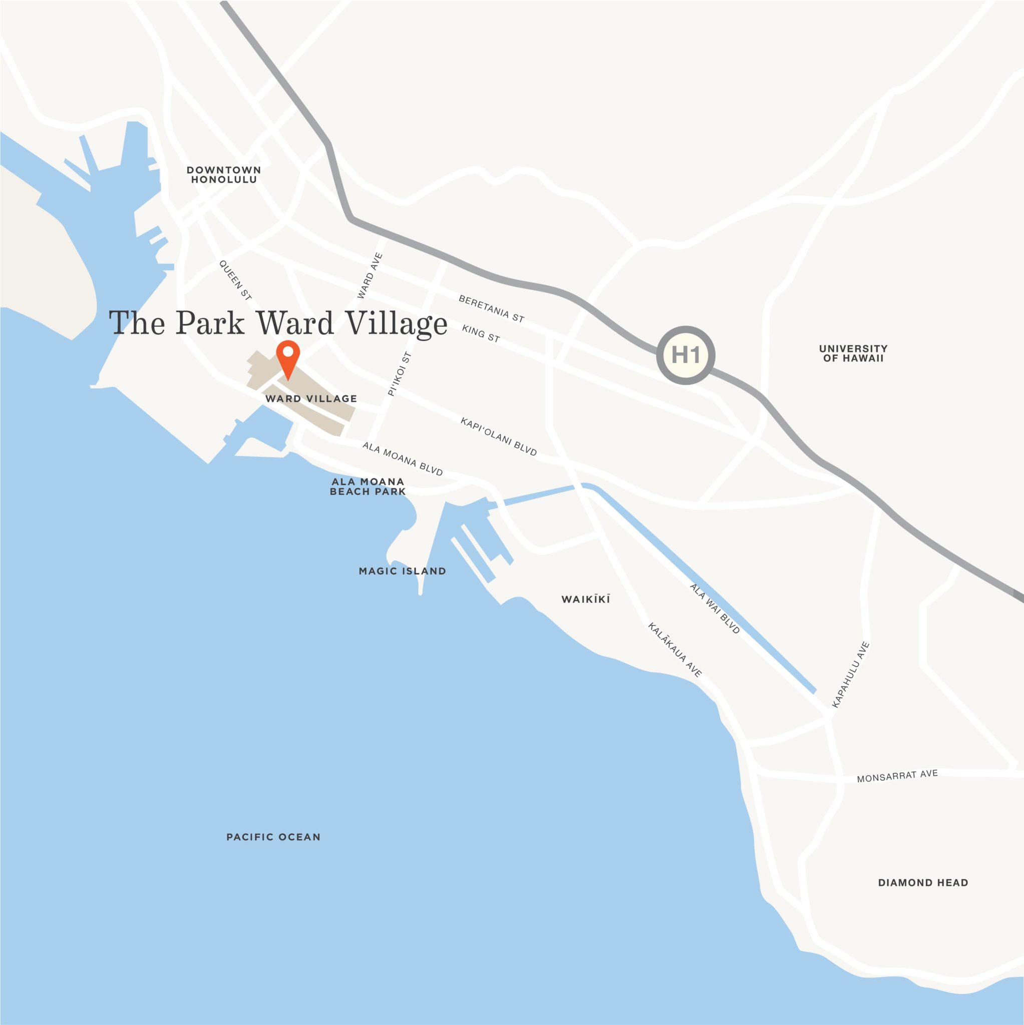 Honolulu map showing The Park Ward Village location