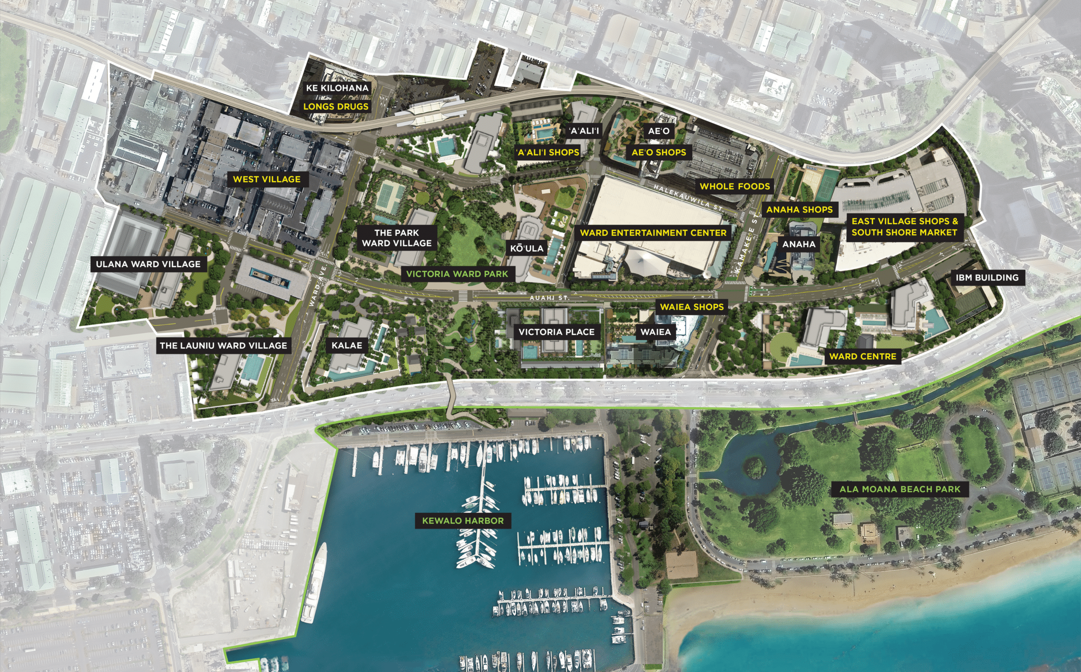 Overview illustration of Ward Village residential and retail properties