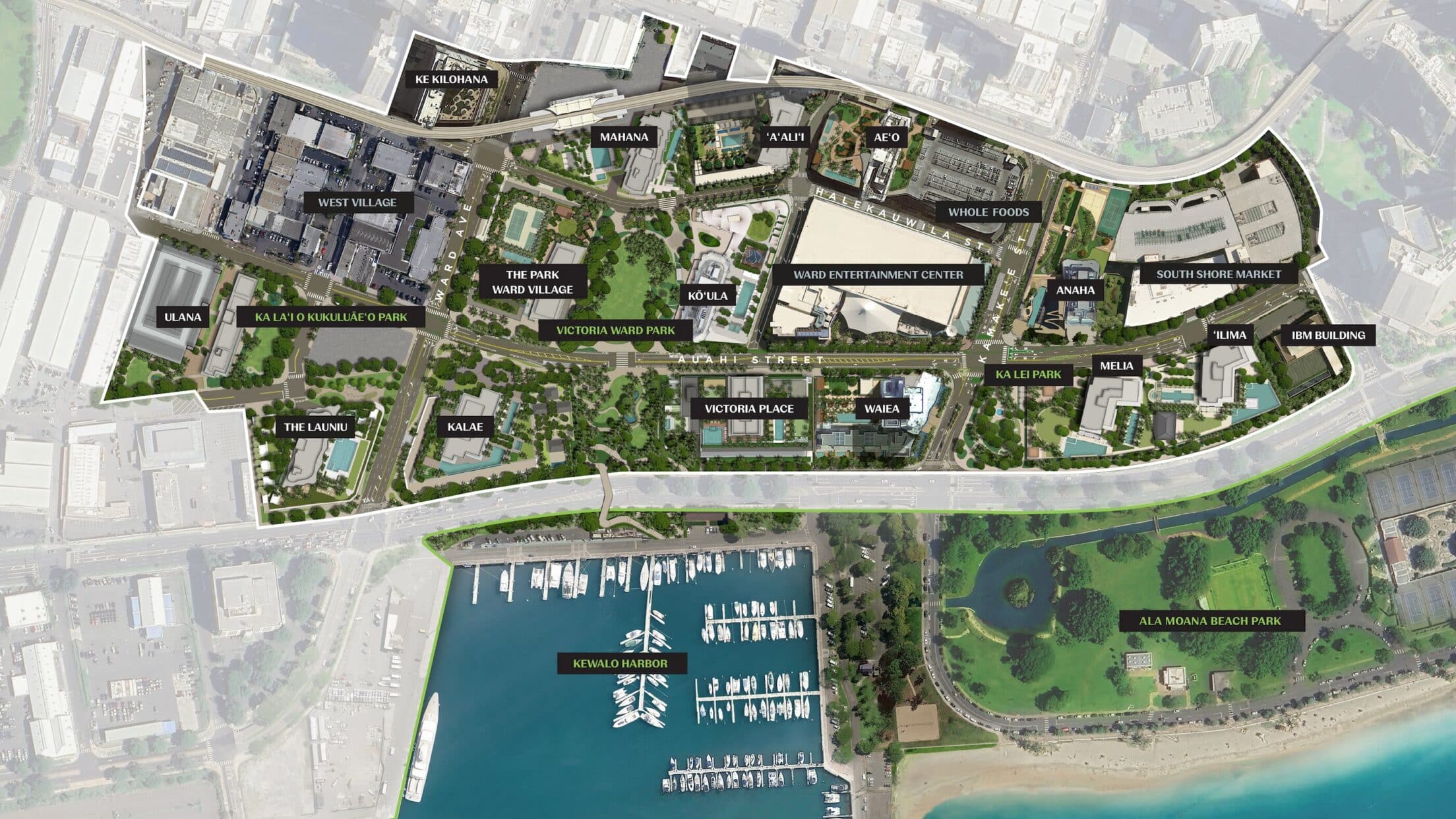 Aerial map rendering of a waterfront urban development with labeled buildings, parks, roads, and a marina adjacent to the coastline.
